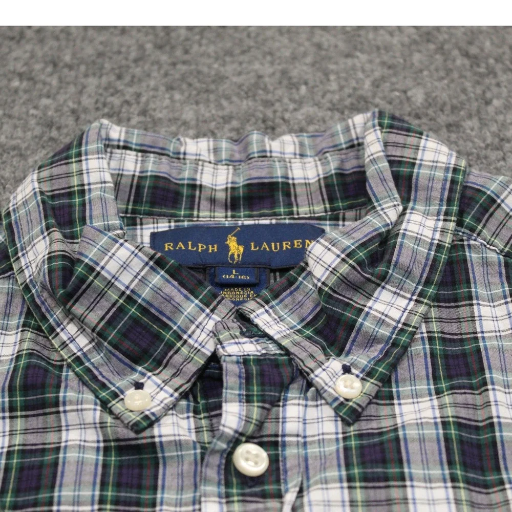 Ralph Lauren‎ Kids Plaid Button Down Shirt L/S Green Blue Size L 14-16 Cotton